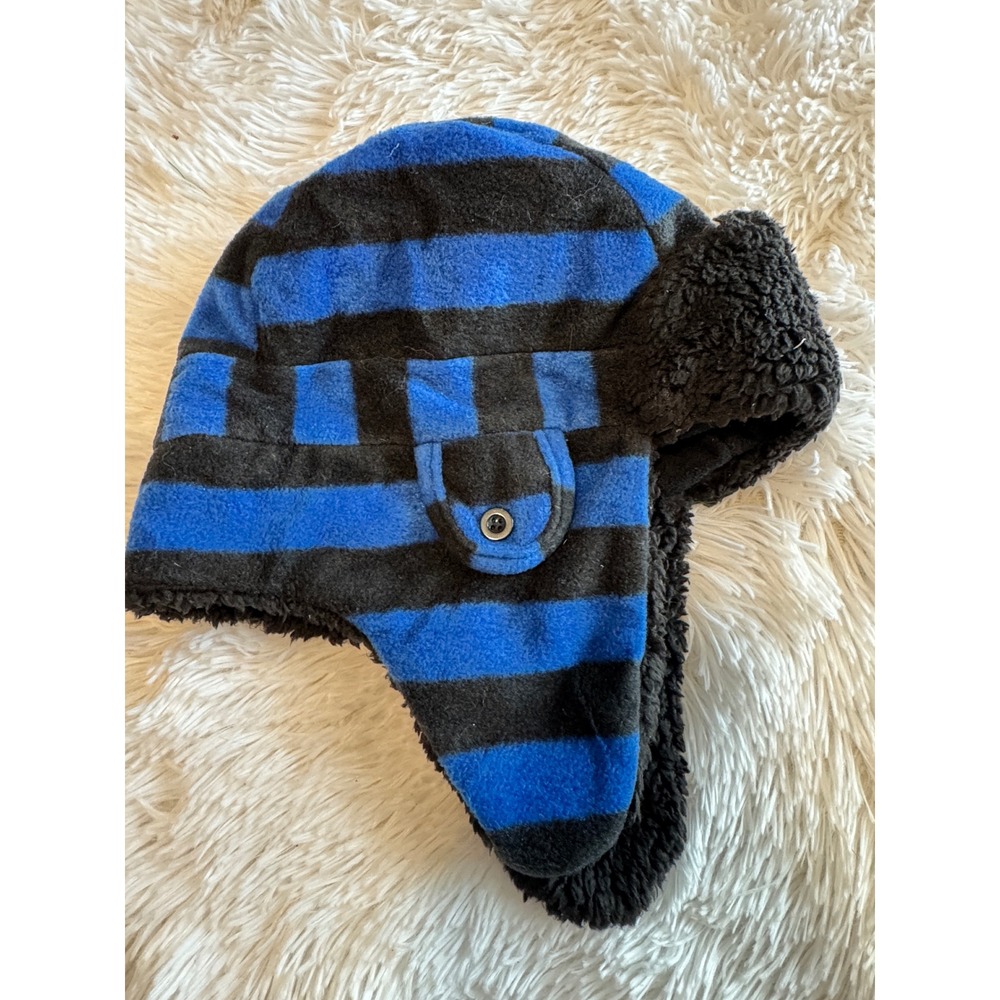 Gap Kids Blue Black Striped Fleece Trapper Hat Faux Fur Lined Ear Flaps 6-9Y